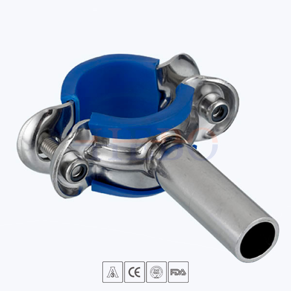 stainless-steel-food-processing-pipe-support-with-blue-sleeve